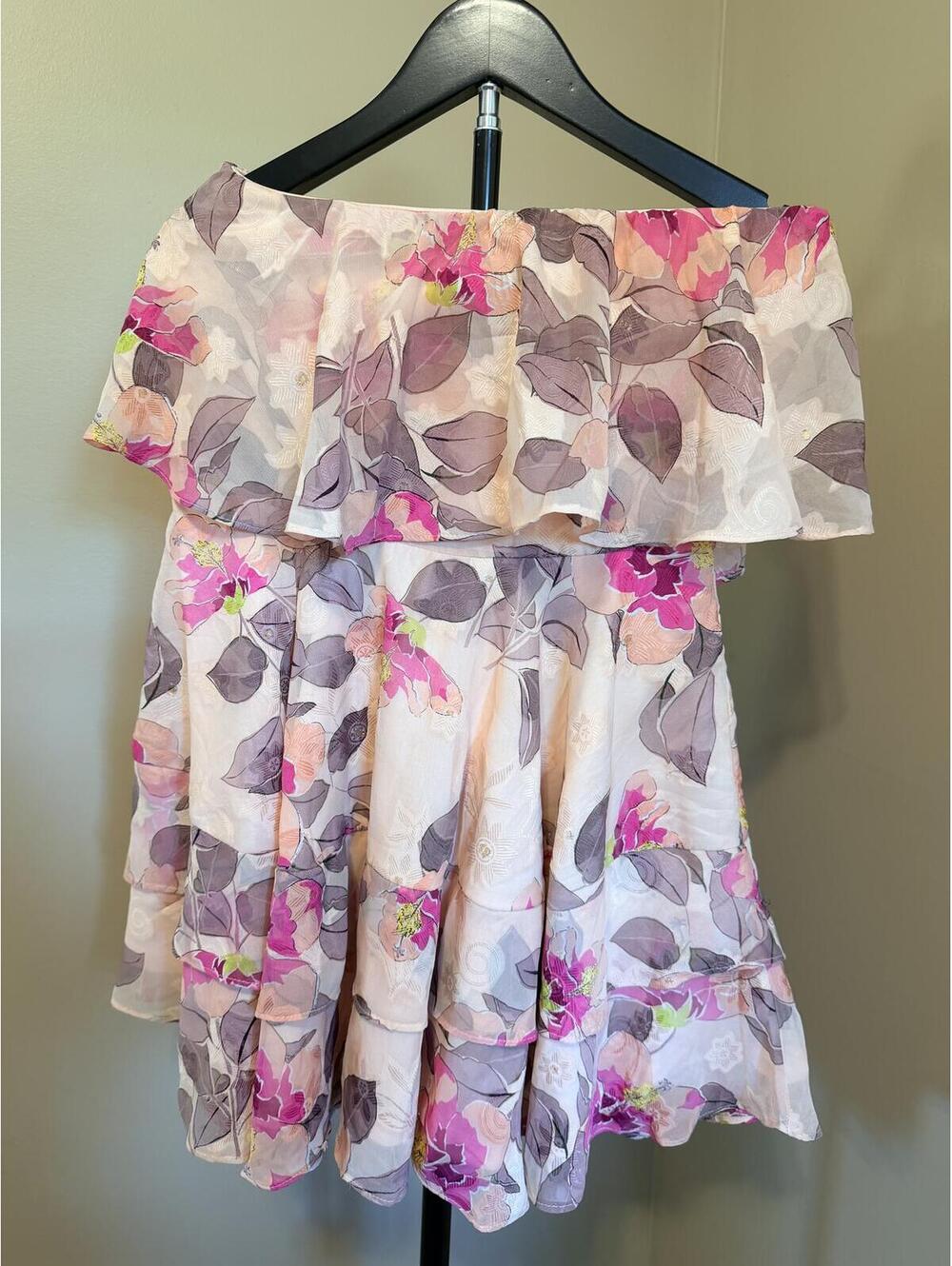 Lulus Floral Off Shoulder Tiered Mini Dress Size Small Pink Romantic Cottagecore